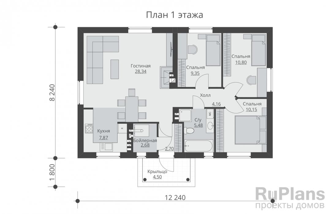 Проект дома из газобетона с тремя спальнями